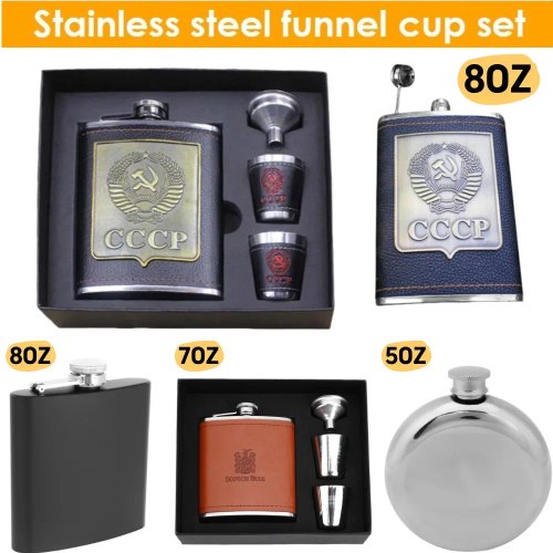 8oz Stainless Steel Hip Flask Set with Funnel and Cups - Portable Whiskey Flask for Outdoor Men