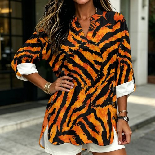 PENSTROLL Women's Tiger Stripe Linen-Like Casual Blouse, 3/4 Sleeve V-Neck Shirt for Outdoor, S-5XL