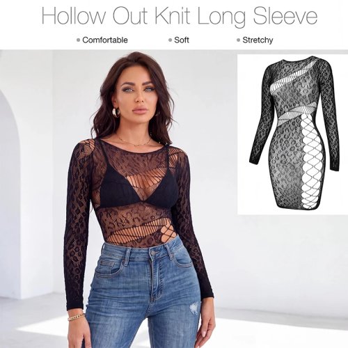 Dames Langmouw Opengewerkte Net Top Transparant Sexy Strand Cover-Up Zwemkleding zonder Bikini Y2K Stijl