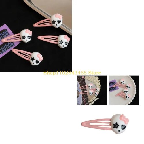 49MC Punk Skull Hair Clip for Girls - Pink Barrettes for Ponytail and Bangs