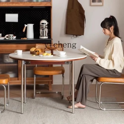 Mesa de comedor redonda de piedra sinterizada, mesa retro de madera maciza con patas de acero inoxidable, juego de mesa y sillas