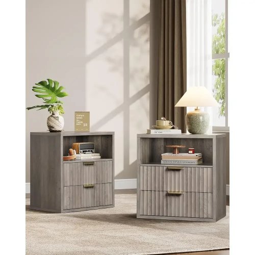 Bộ 2 bàn đầu giường bằng gỗ hiện đại có ngăn kéo và kệ hở, màu Xám Be