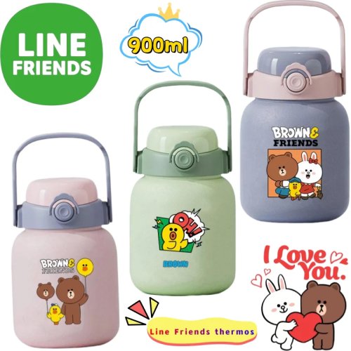 Line Friends Brown Cony Sally 高品質カートゥーンプリント 保温水筒 大容量 携帯用 ステンレス デュアルドリンクカップ