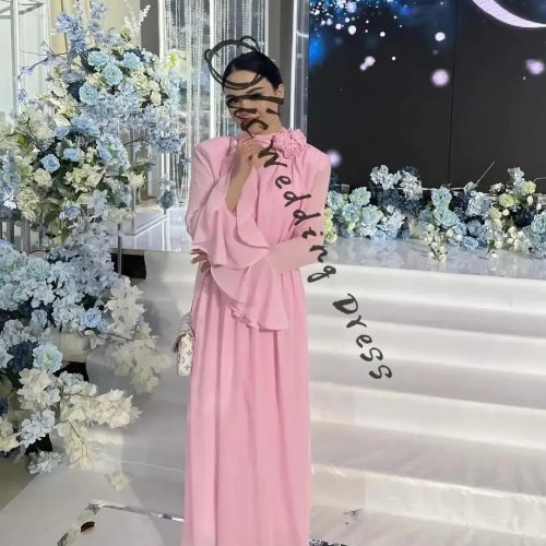Customized Elegant Long Sleeves Prom Dresses V Neck Floor Length Pleated Flowers Party Evening Dresses