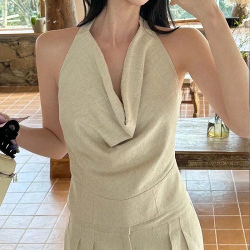 Conjunto de Mujer - Top Halter Sin Mangas y Pantalón Ancho de Tiro Alto - Color Liso, Sencillo y Elegante
