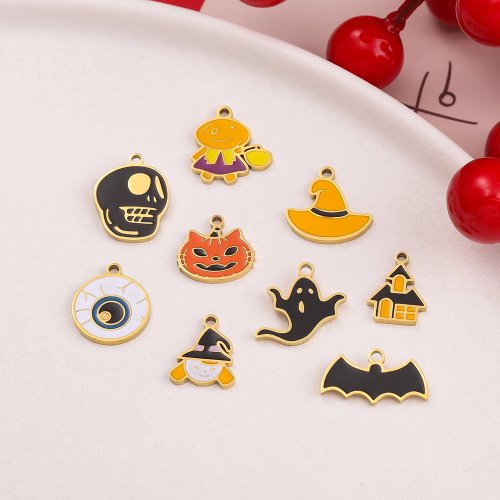 1pc Stainless Steel Cartoon Halloween Enamel Charms - Pumpkin Skeleton Ghost Bat Cat Pendants for DIY Jewelry Making