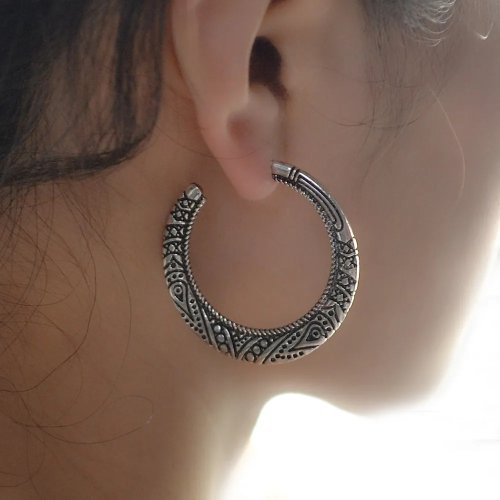 Vintage Bohemian Jhumka Earrings for Women - Round Carved Flower Hook Earrings, Ethnic Indian Jewelry