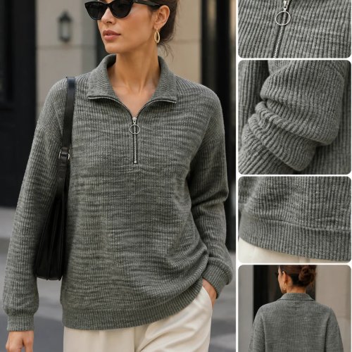 Women's Long Sleeve Collared Top, Half Zip Pullover for Street Style and Going Out, Comfortable Loose Fit with Clean Look