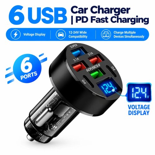 Caricabatterie da auto a 6 porte, ricarica rapida, 4 USB-A e 2 Type-C, PD QC3.0, display LED, adattatore accendisigari 12-24V per iPhone Samsung