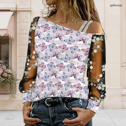 Women's Off-Shoulder Asymmetric One-Shoulder Lace Floral Mesh Long Sleeve Sling Detail Loose Casual T-Shirt Blouse