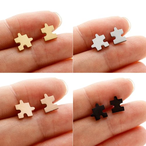 Pendientes stud de puzzle de acero inoxidable – joyería de moda personalizada, pendientes asimétricos de 4 colores, venta al por mayor