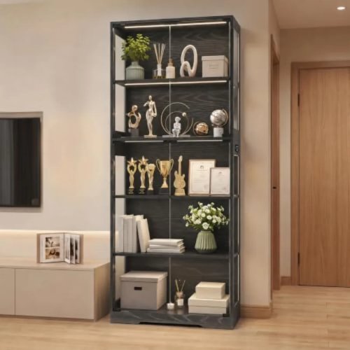 Vitrina con Puertas de Cristal, Luces LED con Sensor de Movimiento, Acabado en Madera Blanco, Diseño Moderno para Salón con Estantes Ajustables
