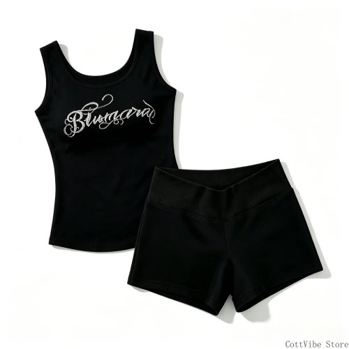 Damen Sommer Schwarz Y2K Loungewear Set Vintage Strass Ärmelloses Tanktop Flache Taille Shorts Hot Girl Fitness Home 2-teiliges Outfit