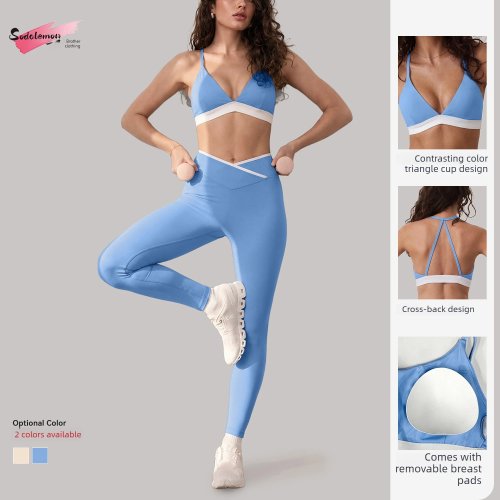 Conjunto de Yoga Feminino 2 Peças - Decote em V com Contraste, Almofada no Peito e Linhas 3D nas Nádegas
