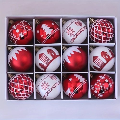 12 Palline di Natale Rosse e Bianche, Decorazioni per Albero in Plastica Forme Miste per Feste, Matrimoni e Party