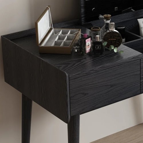 Coiffeuse rétro en bois massif avec couvercle rabattable, table de maquillage intégrée pour petit appartement
