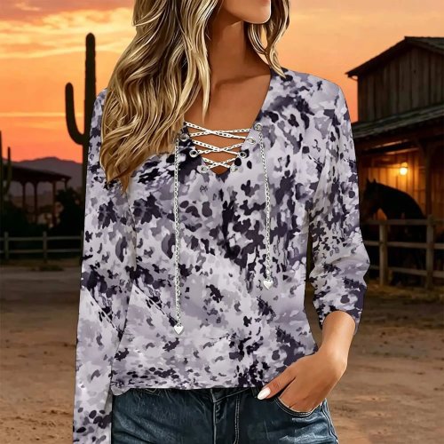 Blusa de Mujer Cuello en V Manga Larga con Cadena Metálica, Cruzado con Cordones, Cutout, Suelta Casual, Impresión Personalizada, Estilo Western