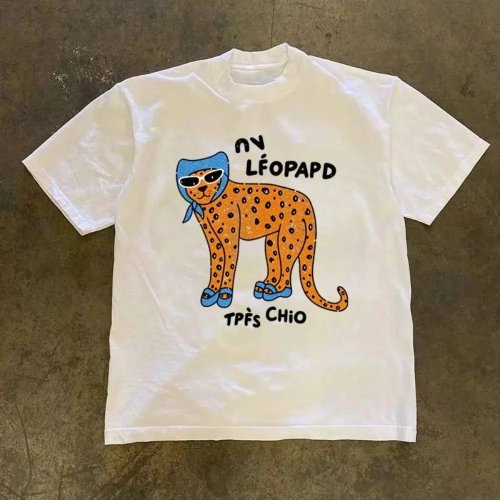 2026 Retro Animal Print Short Sleeve T-Shirt Loose Unisex Casual Fashion Top Breathable Cotton Summer Wear for Men and Women