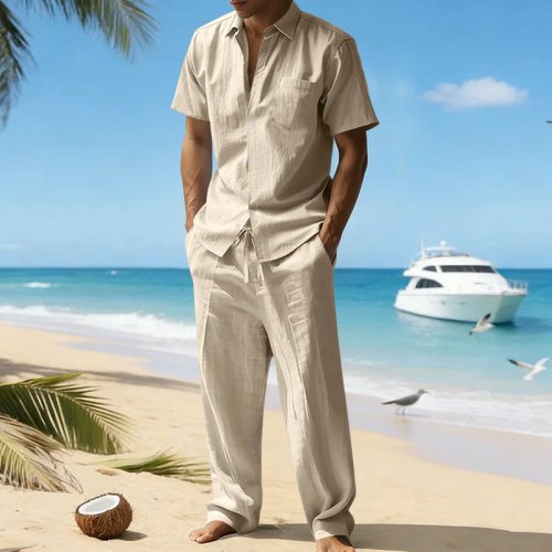 Men's Summer Linen Short-Sleeve Lapel Shirt & Casual Trousers 2-Piece Set, Beach Travel Outfit