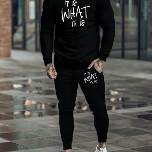 Men's 'It Is What It Is' Print 2-Piece Tracksuit Set - Hoodie & Jogger Pants, Casual Streetwear