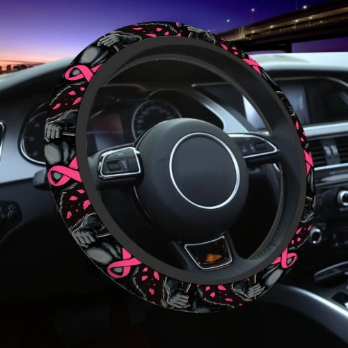 Breast Cancer Awareness Month Steering Wheel Cover with Pink Ribbon Design Pink Car Steering Wheel Protector for Men Women