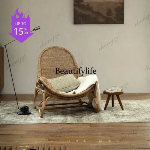 Vollrattan-Sofa-Sessel, handgeflochten, einzelner Faulenzersessel mit Relaxfunktion für Wohnzimmer & B&B-Hotel