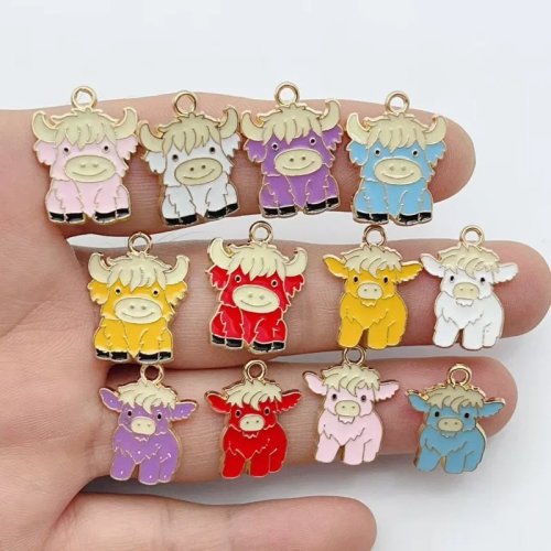 10pcs Liontin Sapi Highland Lucu, Liontin Alloy Enamel, Aksesori DIY Gantungan Kunci & Sepatu dengan Kait Lobster
