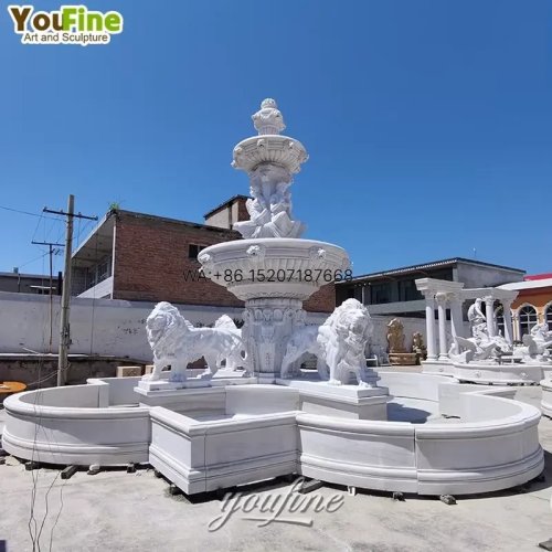 Large Hand-Carved White Marble Fountain with Lion Sculptures for Garden, Villa, Hotel & Resort