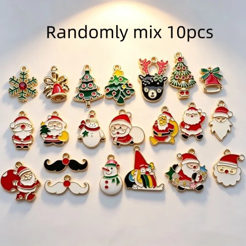 10 unid. Pendentes de liga esmaltada de Natal: Pai Natal, árvore de Natal, boneco de neve, sino, acessórios para trabalhos manuais