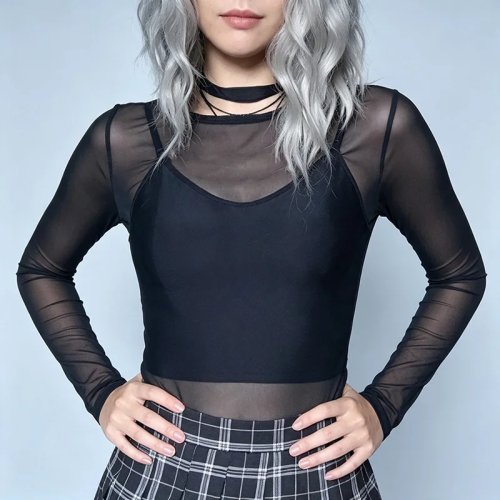 Women's Sheer Mesh Long Sleeve Blouse - Summer Round Neck See-Through Top