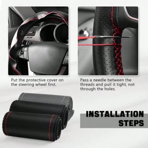 Leather Steering Wheel Cover Stitch-On Wrap 15 Inch Universal for Car Truck SUV Breathable Anti-Slip DIY Sewing with Needle Thread Black+Red
