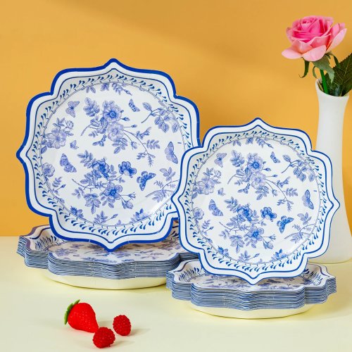Blue Floral Chinoiserie Disposable Paper Plates for Parties & Events