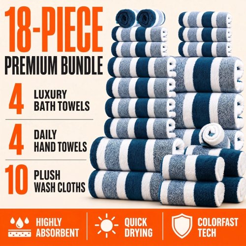 18pcs Luxury Bath Towels Set - Quick-Dry Highly Absorbent Plush Soft Coral Fleece-like Texture, Multi-Size Family Bathroom Towels with Hanging Loops (30x30cm, 70x140cm) for Home, Hotel & Spa - Navy & Striped Design, Durable & Space-Saving Storage
