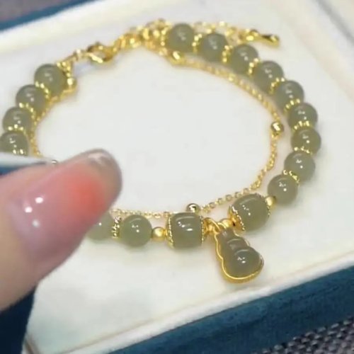 Pulsera de calabaza de jade natural – brazalete de cuentas de piedras preciosas y amuleto de la suerte para mujer, regalo de ágata tallada