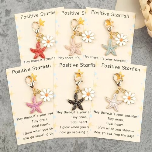 Llavero con Dije de Estrella de Mar 2D, 6 Piezas, con Tarjeta Inspiradora 'Positive Starfish' - Unisex, para Amantes del Mar, Llavero Temático de Playa para Bolsas o Llaves de Auto, Regalo y Recuerdo de Vacaciones