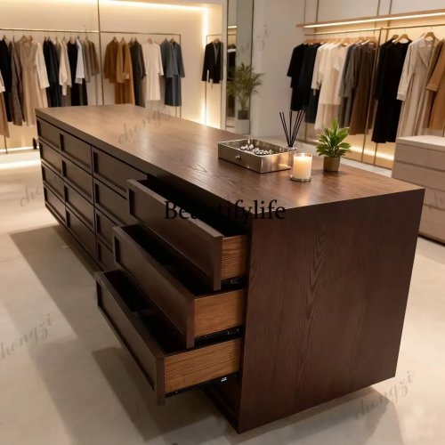 D136 Kệ trưng bày phong cách Trung Hoa hiện đại cho cửa hàng quần áo, tủ đảo hai mặt gỗ óc chó
