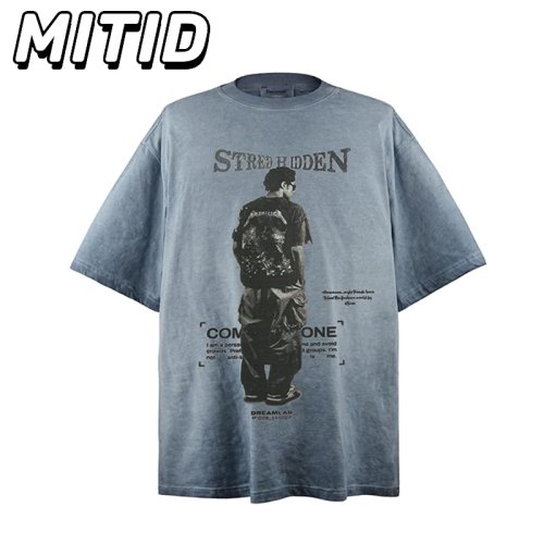 เสื้อยืดผู้ชายผ้าคอตตอน พิมพ์ลายเรโทร แขนสั้น วินเทจ สีน้ำเงิน/เขียว สไตล์ฮิปฮอปสตรีทแวร์