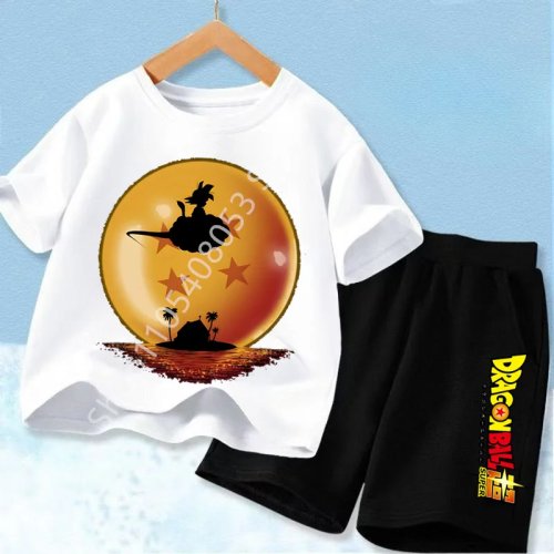 Conjunto de Camiseta y Pantalón Corto de Algodón para Niño Dragon Ball Z Goku - Disfraz Cosplay Anime de Verano con Bolsillos, Traje de Playa Infantil Transpirable