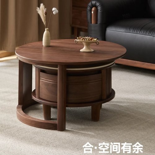 Table basse combinée en bois massif B11-7.2, table à thé ronde de style vintage noire pour salon, table à thé pour petit appartement