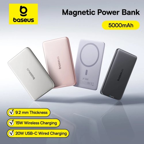 Baseus 5000mAh 마그네틱 보조배터리 15W 무선 & 20W 유선 충전 카드 사이즈 초슬림 iPhone 17 및 Samsung용