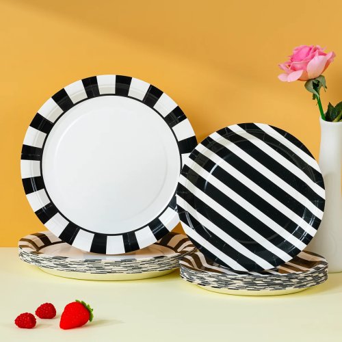 10/25/50 uds. platos de papel desechables con rayas blancas y negras, platos redondos para cumpleaños, picnic y barbacoa, menaje