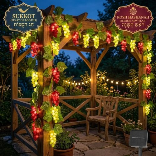 3m Solar Grape Vine Garland Light, Waterproof Outdoor Sukkah Roof Schach Decoration, Jewish New Year Gift for Sukkot & Rosh Hashanah