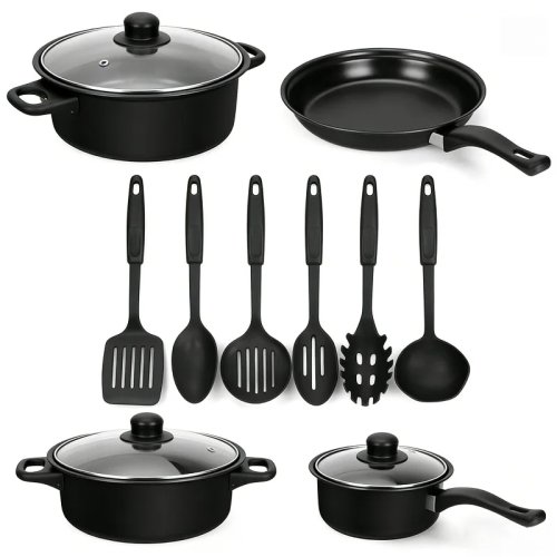 Juego de 13 piezas de ollas y sartenes antiadherentes de hierro fundido con tapas de vidrio – Para cocina, camping, viaje