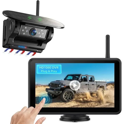 Magnetic Solar Wireless Backup Camera, HD 1080P 7” Touchscreen Portable with DVR, BSD, 1-Min Install, IR Night Vision for Hitch