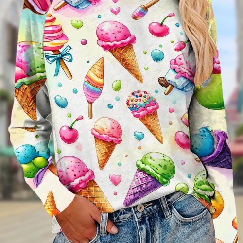 T-shirt a Maniche Lunghe Donna Collo Rotondo - Stampa Colorata Gelato Ciliegia Cuore, Top Casual Oversize per Estate e Quotidiano
