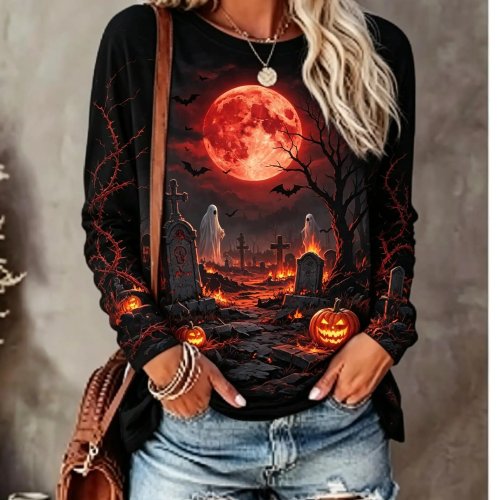 Dames Halloween Langarmshirt - Bloedmaan, Dode Boom, Vleermuis, Pompoen, Begraafplaats Print, Ronde Hals, Herfsttop