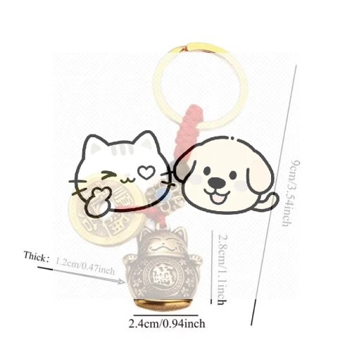 Vintage Lucky Cat Car Keychain with Five Emperors Coins, Feng Shui Calabash, Red String