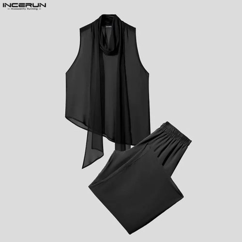 เซ็ตผู้ชาย 2 ชิ้น INCERUN ผ้าชีฟองโปร่งใส เสื้อกล้ามแขนกุด และกางเกงโอเวอร์ไซส์ 2026 เซ็ตเข้าชุดผู้ชาย