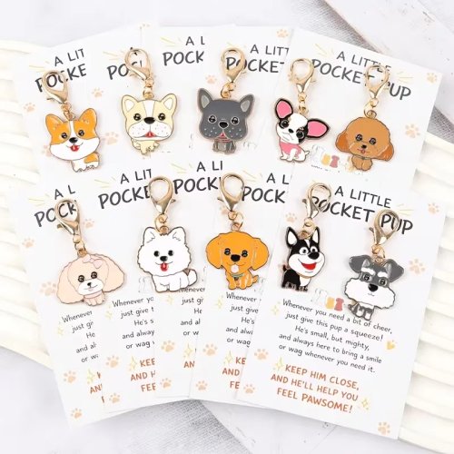10 Portachiavi Cucciolo Cartone Animato Carino - Portachiavi Animale 2D con Biglietti Ispirazionali, Ciondolo per Borsa, Regalo per Amanti dei Cani, Bomboniere