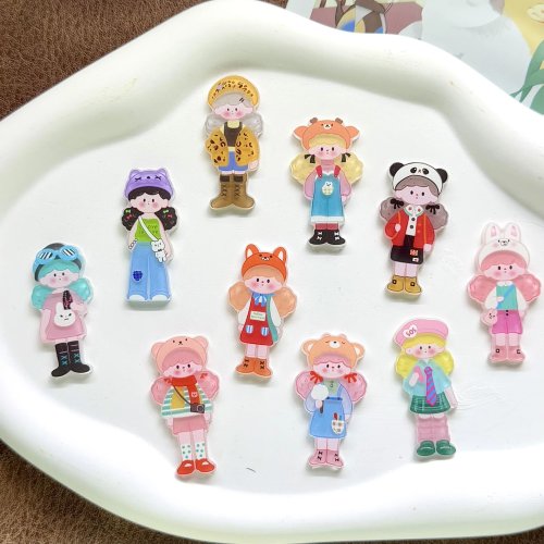 10 peças Patch de Acrílico Desenho Animado Fofo Menina com Duas Caudas de Cavalo Longas - DIY Clipe de Cabelo Broche Distintivo Autocolante para Frigorífico Acessório